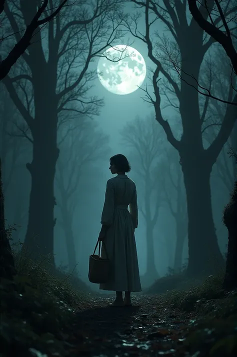 3.  Beatriz standing in a dark forest clearing under the moonlight ,  with a solemn expression while holding a bag of herbs ,  the trees around her tall and twisted , her simple slightly disheveled dress ,  the ground covered with fallen leaves and an omin...