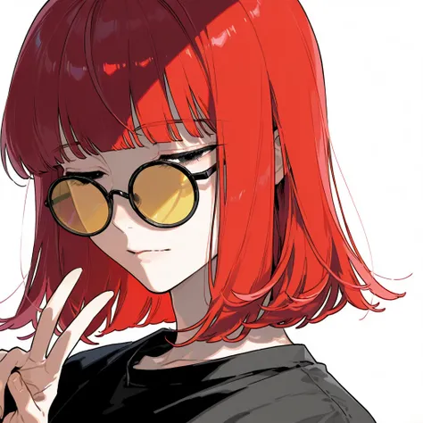 score_9, score_8_up, score_7_up, masterpiece, ultra-detailed, pretty eyes, 1man, solo,((Adult)), red hair, Medium hair,hime cut,, half closed eyes, Black Eyes, Black shirt, making a peace sign, Emotionalless, Black Round EYEWEAR, Yellow tinted eyewear, Whi...