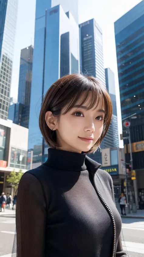 highest quality、genuine、Super detailed、finely、High resolution、8k wallpaper、one beautiful japanese woman Walking  Under the skyscraper、light brown short hair、sharp focus、perfect dynamic composition、beautiful and detailed eyes、thin short hair、Detailed genuin...