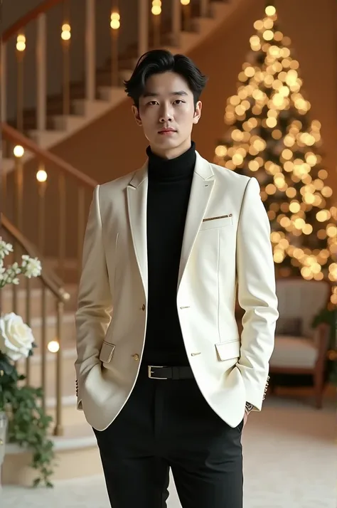 A handsome young Korean man standing in focus against a luxurious, festive background featuring a spiral staircase adorned with shimmering string lights and a lavishly decorated Christmas tree. The man is dressed in a sophisticated outfit: a tailored white...