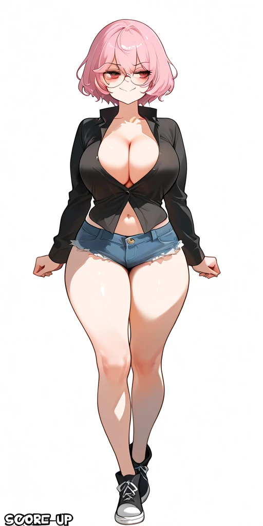 score_9, score_8_up, score_7_up, masterpiece, ultra-detailed, pretty eyes, 1Girl, solo, Break, voluptuous, kurky, PINK hair, round eyewear, short hair, Black shirt, Dress shirt, cleavage, micro shorts, Denim shorts,  Red eyes, arms at sides, Break, Smug, f...