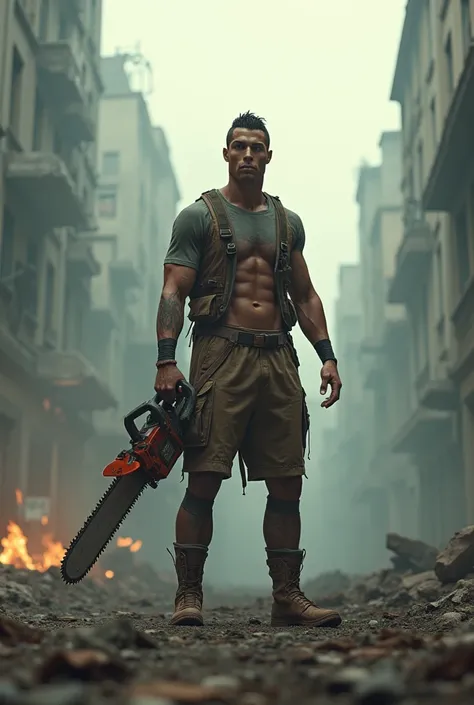 Cristiano Ronaldo in a post-apocalyptic outfit, holding a chainsaw-sword hybrid, standing in the ruins of a city with smoke and destruction around him."