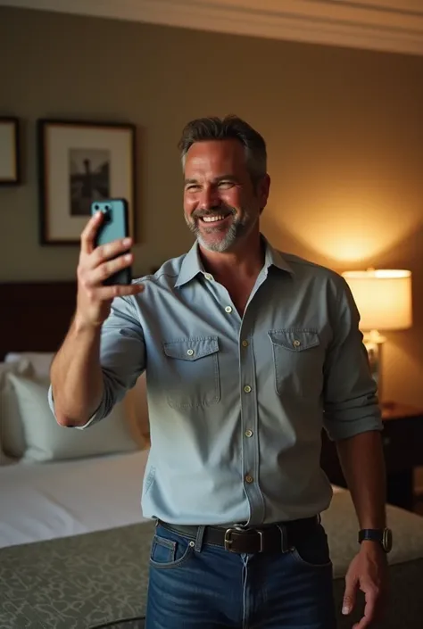 Kevin Michael Costner making a selfie of himself in a hotel room and smiling 