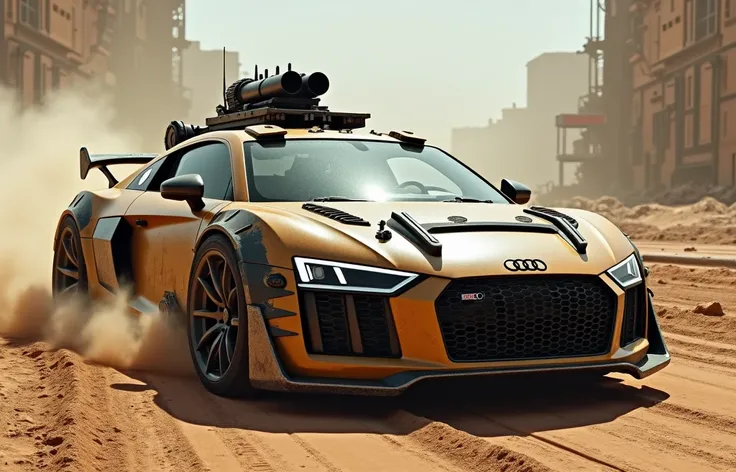 Generate a madmax style 2020 audi R8 with armoured  in a death race, 