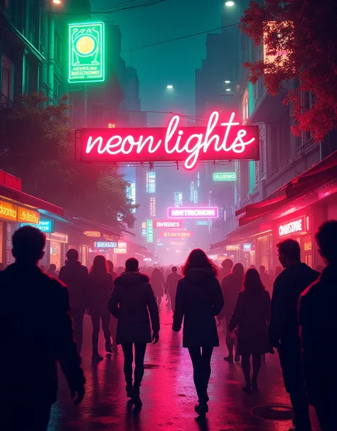 Create a T-shirt design featuring a vibrant nightlife scene with neon lights inspired by the attached image. Enhance the glowing effect of the neon lights in shades of green, yellow, and red, making them pop against a black or dark-colored background. Plac...