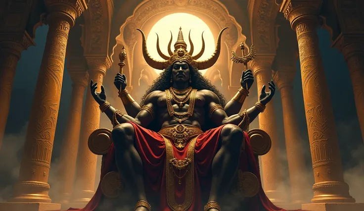 "Create an image of Ravana, the powerful demon king from Hindu mythology, sitting in a majestic, lavish palace. His form is grand, with multiple heads representing his immense knowledge and strength. Each head displays a different expression, signifying hi...