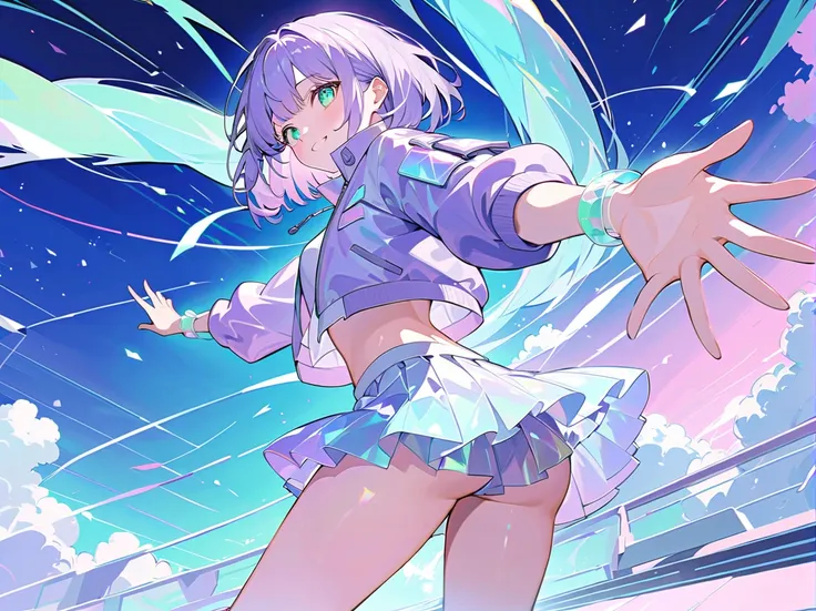 ((masterpiece)), ((best aesthetics)), ((super resolution)), ((best quality)), (18 years old), futuristic anime-style outfit, 
BREAK
pastel purple hair, ((bob hair)), pastel purple cropped bomber jacket with holographic shimmer, pale gray layered pleated sk...