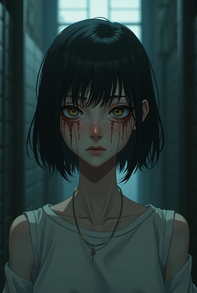 Slim anime girl with her face completely covered with burn scars