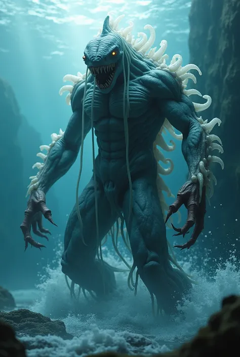  a monstrous humanoid hybrid of shark and jellyfish emerging from the water,  muscular body with translucent tentacles ,  ominous eyes , intimidating pose, ocean waves surrounding ,  cinematographic lighting , Ultrarrealistic Textures,  high definition 