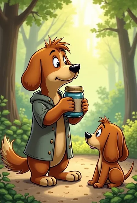 "An illustration showing Benny shaking his head, with a pout on his face while holding the jar tightly. Lucy’s ears droop, and Tobys tail hangs low, both looking disappointed. The background shows more of the sunny forest glade, filled with trees and bushe...