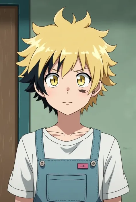 * Screenshot Boku no hero Academia*
 A  boy . He has slightly long blond hair ,  a lock of his hair is black .  has yellow eyes, white skin and a scar on your cheek.  He wears a white shirt and a light blue jumpsuit ,  he has a slightly impulsive but fun p...