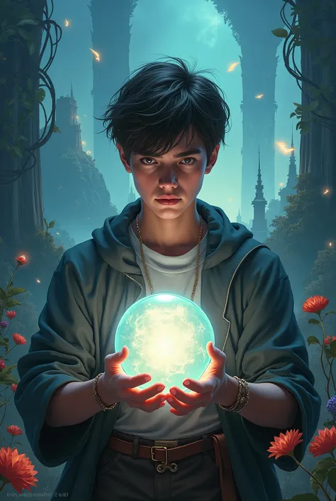  a photo taken from a movie poster of a young man holding a shiny sphere,  an album cover inspired by Christophe Vacher , deviantart contest winner,  renaissance ,  fantasy novel cover for young adults , novel litRPG cover , Fantasy book cover, epic fantas...