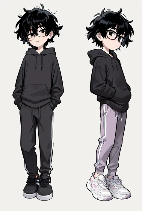 Masterpiece, 1 male, short, skinny, black messy hair, black eyes, relaxed demeanor, glasses, black hoodie, sweatpants, sneakers