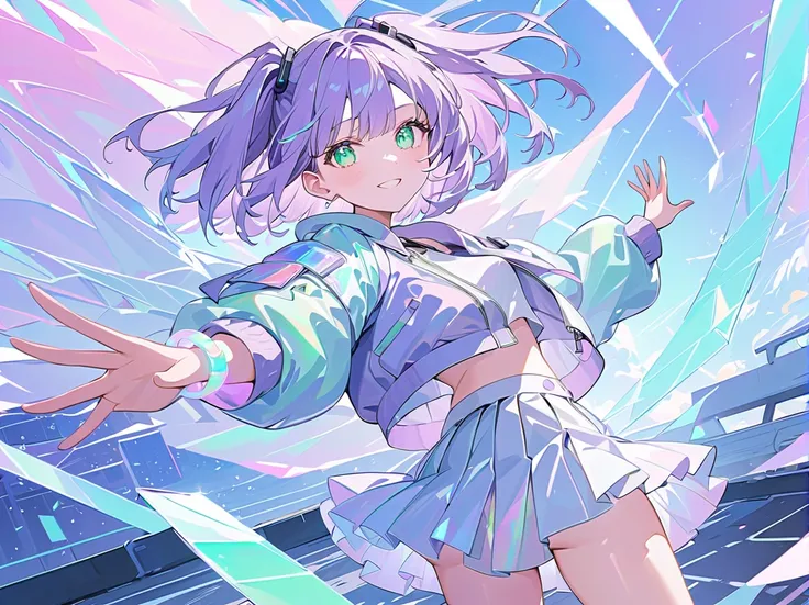 ((masterpiece)), ((best aesthetics)), ((super resolution)), ((best quality)), (18 years old), futuristic anime-style outfit, 
BREAK
pastel purple hair, ((bob hair)), pastel purple cropped bomber jacket with holographic shimmer, pale gray layered pleated sk...