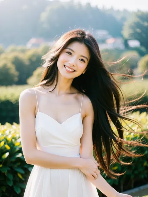 alone、 Japanese、 graceful long-haired woman 、 gentle smile 、 wearing white dress 、 soft blurry background 、 natural light、Pro portrait 、 luxury fashion photography style