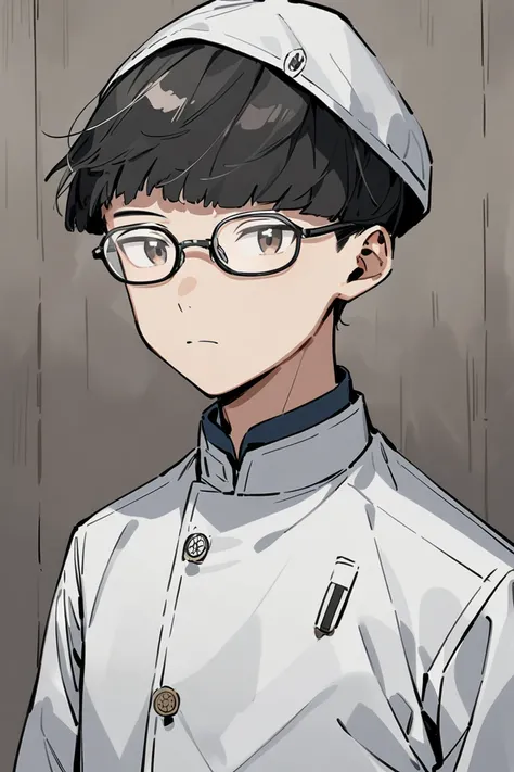 A teenager with Asian features , slim with glasses ,   with a gray cap and hair hidden in the cap with a chefs shirt