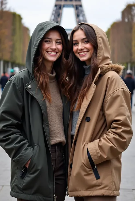  make me a picture of two best friends in paris , the only one with a hood is not ,  are both very beautiful women and they are 22 years old ,  make in that picture we look very happy ,  who in his hooded outfit wears pants like office people,  who is not ...