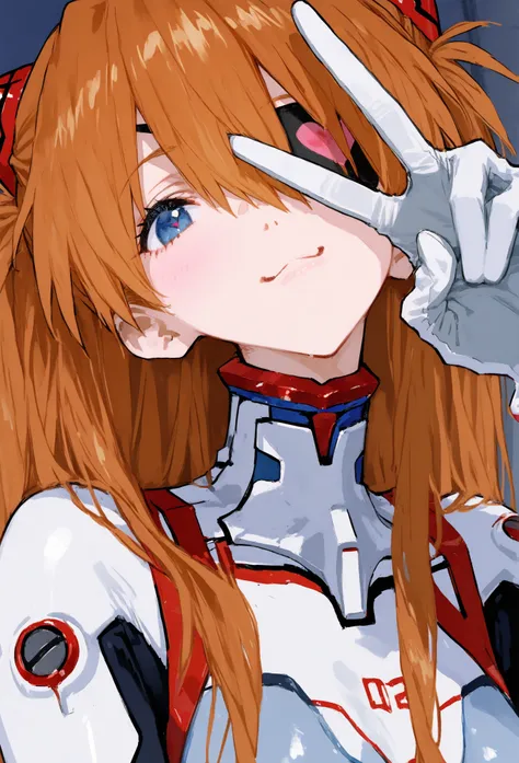  top quality , masterpiece,   748cm style  ,   1 girl, Heart face mark  , v over eye  ,,    Neon Genesis Evangelion 、   Shikinami Asuka Langley、  White plug suit  、   eye patch、smile、  raise your hand, fingertip 、  upper body、