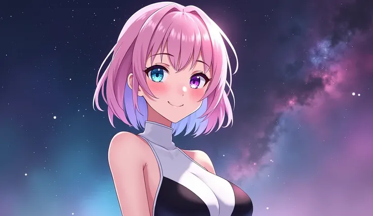 Anime art style, classy appareance, teen female character, light pink short hair, turquoise right eye, purple left eye, pale skin, white and black sleevless dress with long neck, elegant happy expression, erotic pose, galaxy background