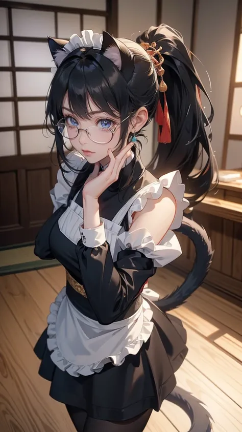 ((random pose)),(Highest image quality,(8k),ultra-realistic,best quality, Side ponytail hair, Black hair, high quality, high definition, high quality texture,high detail, ((Cat ear, Tail)), beautiful detailed,fine detailed,extremely detailed cg,detailed te...