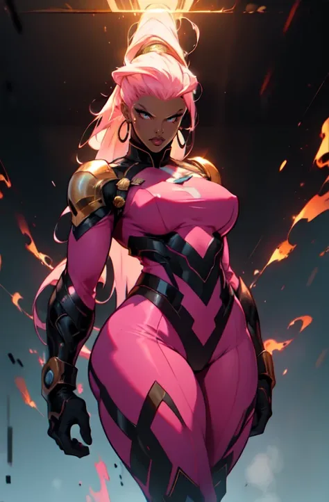 (best quality,4k,8k,highres,masterpiece:1.2),ultra-detailed,grey background,solo,1 girl,white and gold bodysuit,very long hair,pink hair,angry,brown eyes,earrings,hanging breasts,thick thighs,full body,dark skin,storm from x-men,A jaguar-style armor and th...