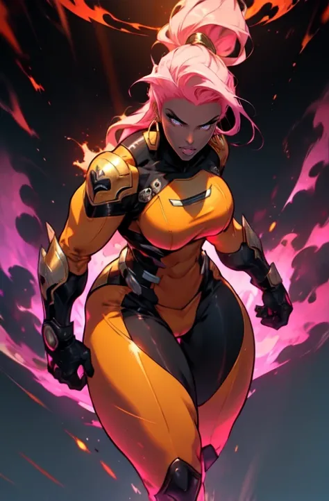 (best quality,4k,8k,highres,masterpiece:1.2),ultra-detailed,grey background,solo,1 girl,white and gold bodysuit,very long hair,pink hair,angry,brown eyes,earrings,hanging breasts,thick thighs,full body,dark skin,storm from x-men,A jaguar-style armor and th...