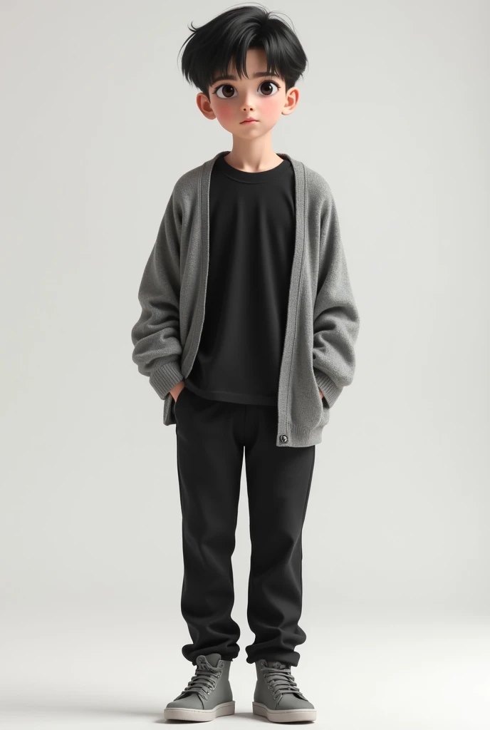  Boy dressed in black t-shirt and pants, gray shoes and gray open sweater  