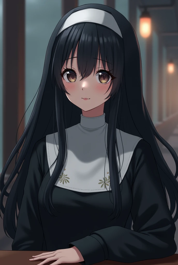 Anime girl with long black hair. In a nuns outfit and getting drunk. Her outfit a little askew