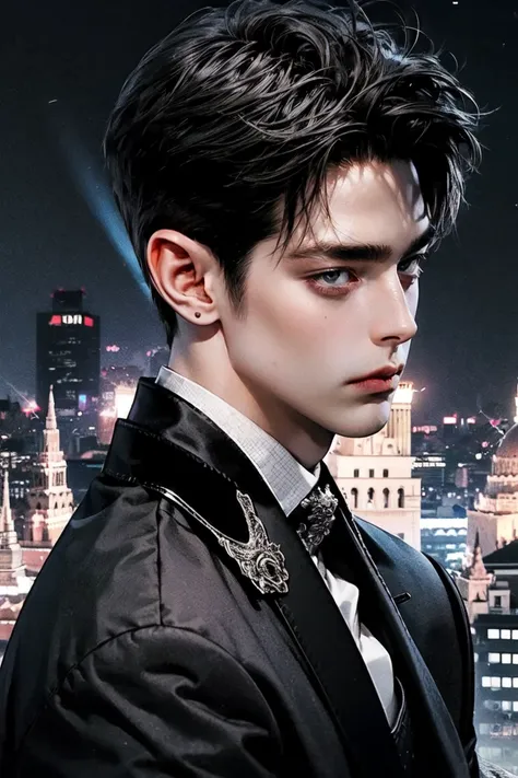 Extreme detailed, Realistic, solo, official art, extremely detailed, Extreme Realistic, Thailand beautiful teen boy, beautifully villains detailed black eyes, detailed fine nose, muscle body,wearing black suit, high quality, beautiful high detailed black s...