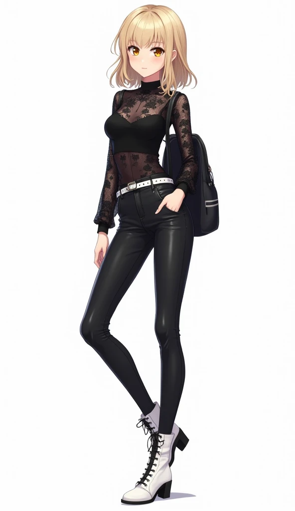 Anime girl with medium long blond hair,  dressed in a black floral lace blouse ,  tight black leather pants and white ankle boots with details .  She wears a white belt with studs and a black backpack over her shoulder. Modern and daring style ,  with whit...