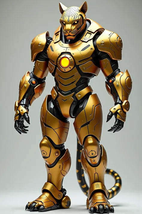 A highly advanced and futuristic golden robotic combat armor, inspired by the elegance and ferocity of a tiger. The armor is designed for an elite warrior, blending cutting-edge technology with an animalistic aesthetic. The metallic panels are polished to ...