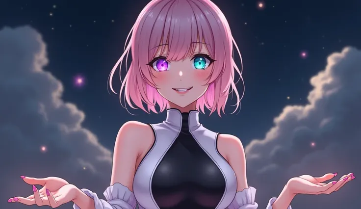 Anime art style, classy appareance, female character, light pink short hair, glowing eyes, turquoise right eye, purple left eye, pale skin, white and black sleevless dress with long neck, happy confident expression, erotic pose, extending her hand to the f...