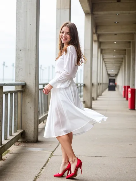 Top quality, very delicate and beautiful, 8k wallpaper, high resolution, port city pier, (dim lighting), single woman, 25 years old, ((full body shot)), ((standing from the side)), (white blouse), (long skirt), (red high heels), light brown straight medium...