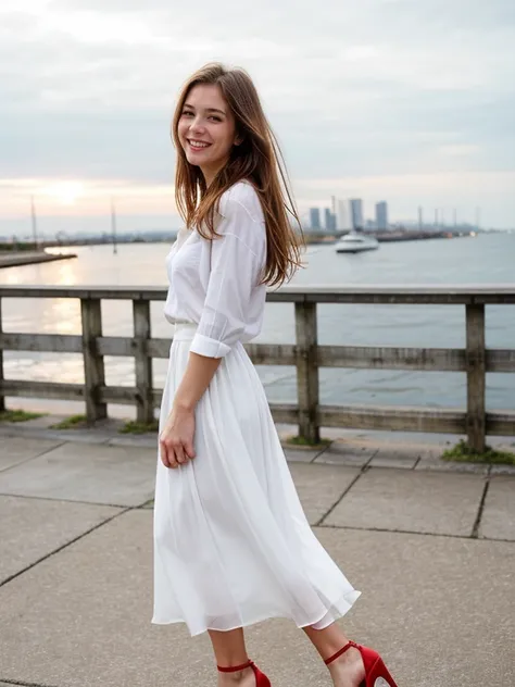 Top quality, very delicate and beautiful, 8k wallpaper, high resolution, port city pier, (dim lighting), single woman, 25 years old, ((full body shot)), ((standing from the side)), (white blouse), (long skirt), (red high heels), light brown straight medium...