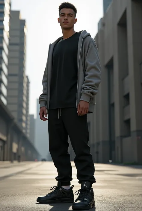 Man dressed in a black T-shirt and pants and black gray Jordan 4 and a gray sports sweater 