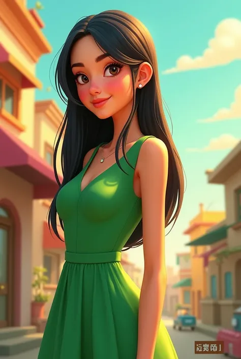 The woman dressed in green in cartoon format. Straight hair