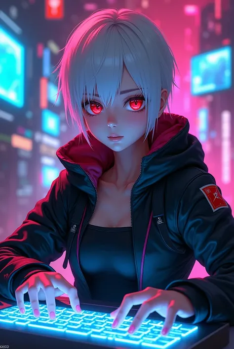  Japanese anime pictures. A woman in her late teens with short white hair ,  red eyes with a cyberpunk vibe. The job is a hacker