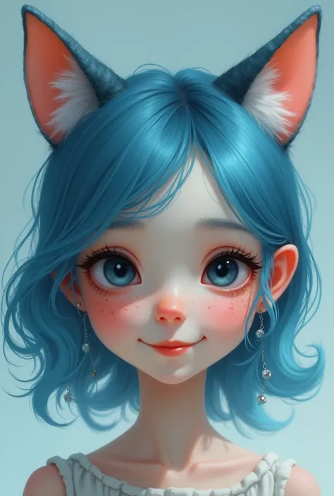 Pale girl, There are freckles on her cheeks., Jet black eyes, Blue hair and a nice smile ,Has cat ears