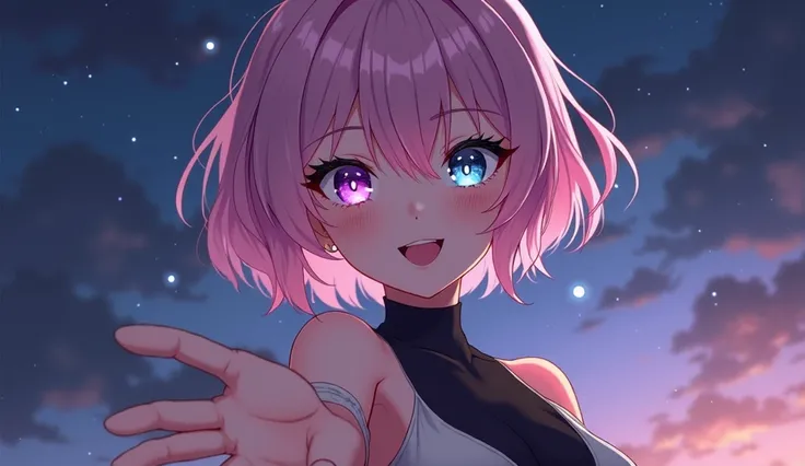 Anime art style, classy appareance, female character, light pink short hair, glowing eyes, turquoise right eye, purple left eye, pale skin, white and black sleevless dress with long neck, happy confident expression, erotic pose, extending her hand to the f...