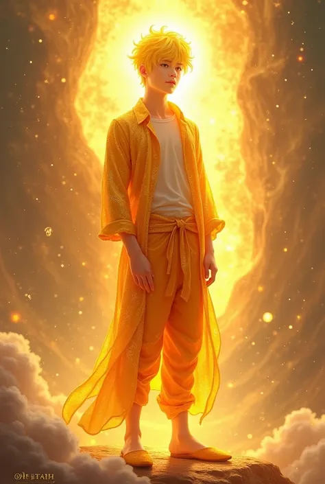 A young adult man with short bright yellow hair and with shimmering orange shirt and pants and yellow slippers he is a Sun God