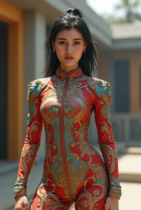 An Indonesian-styled futuristic suit worn by a girl depicting cultural fusion and modern fashion. The suit is adorned with intricate patterns and vibrant colors, showcasing the rich heritage of Indonesia. The girl stands confidently in a dynamic pose, with...