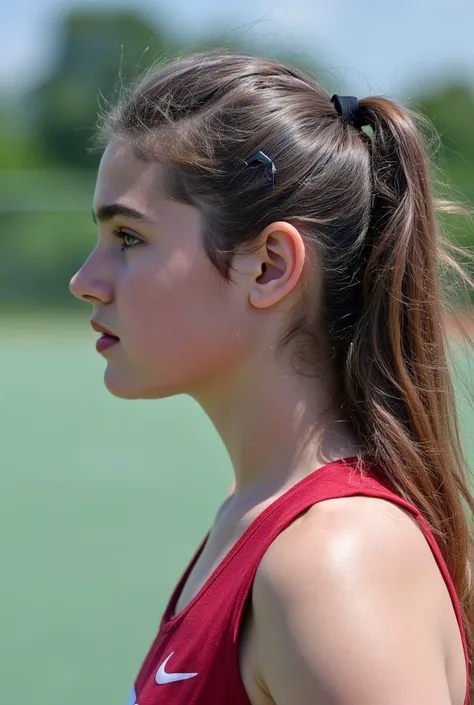 (masterpiece, best quality:1.2), photorealistic, one beautiful girl, from the side, she is competing lacrosse., she is in a sunny outdoor court., intense bright sun light illuminates on her face., dymanic photo,