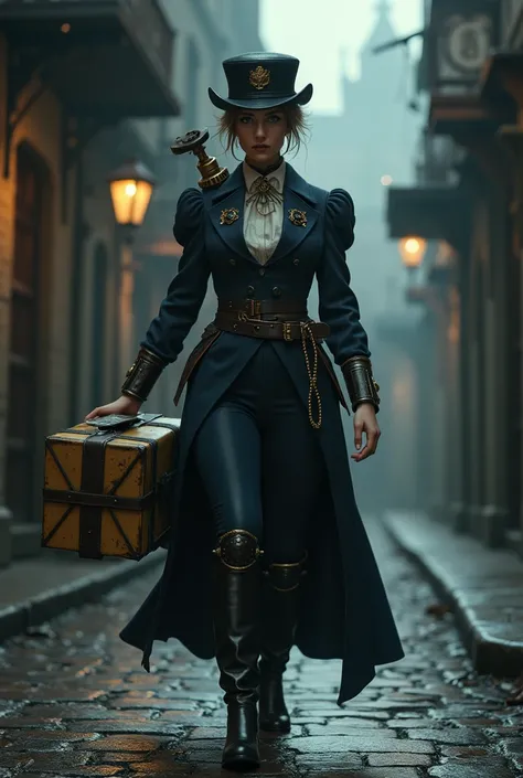 briefcase, Postal employee, parcel ,  messaging , steampunk woman, Gothic, Dark,   dark fantasy , Hyperrealista, 8K, full hd, NSFW, steampunk, 19th century, victorian,   better quality ,  masterpiece,   realistic style  , retrofuturista,  wearing clothes t...