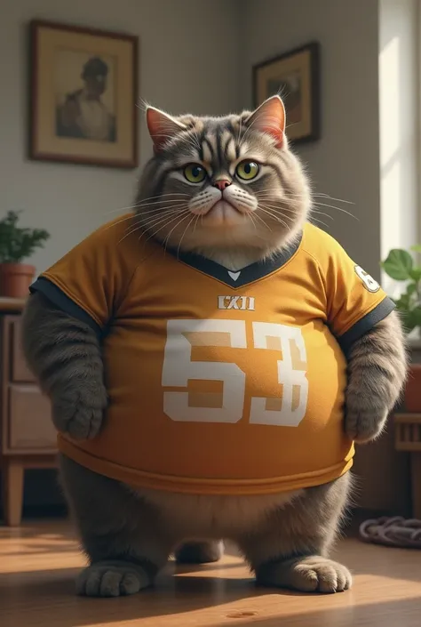 An obese cat with a sports shirt 