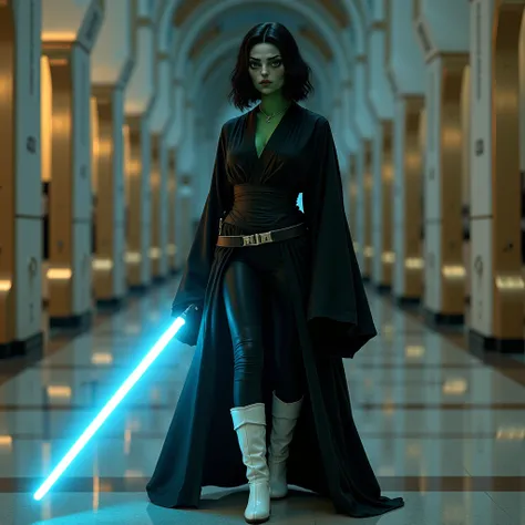  Use this image and create a woman with green skin while maintaining the features of her face such as her eyes, The lips, and the tattoos . (( Make it realistic)).  Shoulder-length black hair .  He wears black Jedi robes .  Wears white boots .  Wear black ...