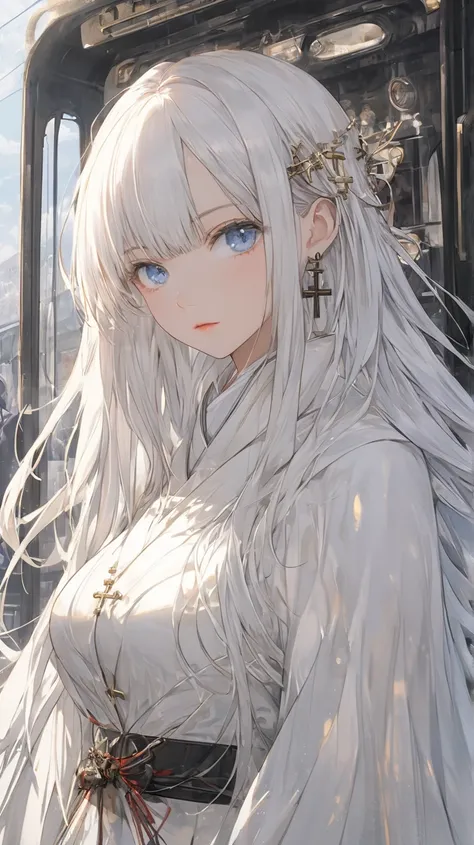 ((slim)) lips, close up, (masterpiece) (character) (highly polished) (smooth texture) a girl with long white hair, wearing a white dress, standing in front of a train, in the style of anime-inspired portraits, light amber and dark, japanes folklor, high-de...