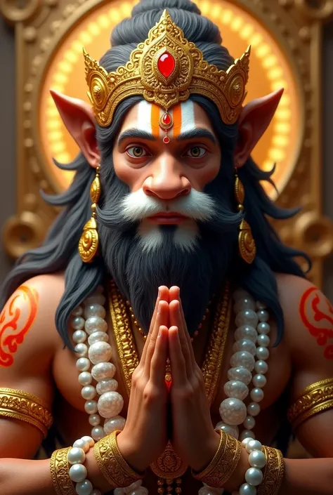 Create a highly detailed, photorealistic depiction of a  deity inspired by Hanuman, the Hindu god. The deity is adorned with a majestic golden crown embedded with a red gem, intricate patterns, and a sacred forehead marking in white and orange stripes. The...