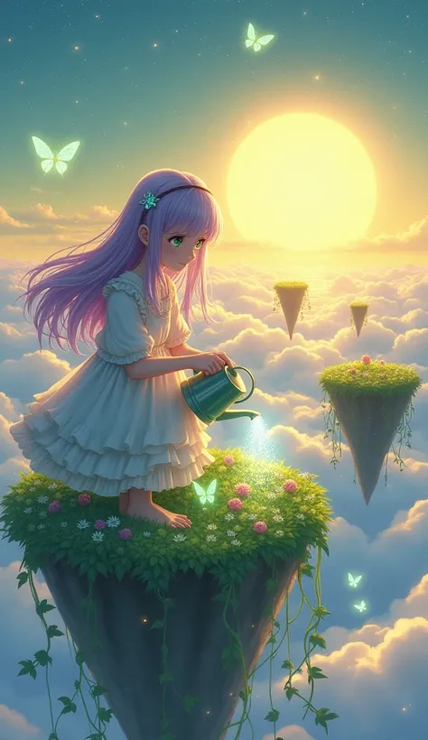 "A mystical gardener with lavender hair and glowing green eyes tends to floating islands covered in lush greenery and flowers. Each island is connected by glowing vines, suspended in a sea of fluffy clouds. She uses a watering can that emits sparkling ligh...