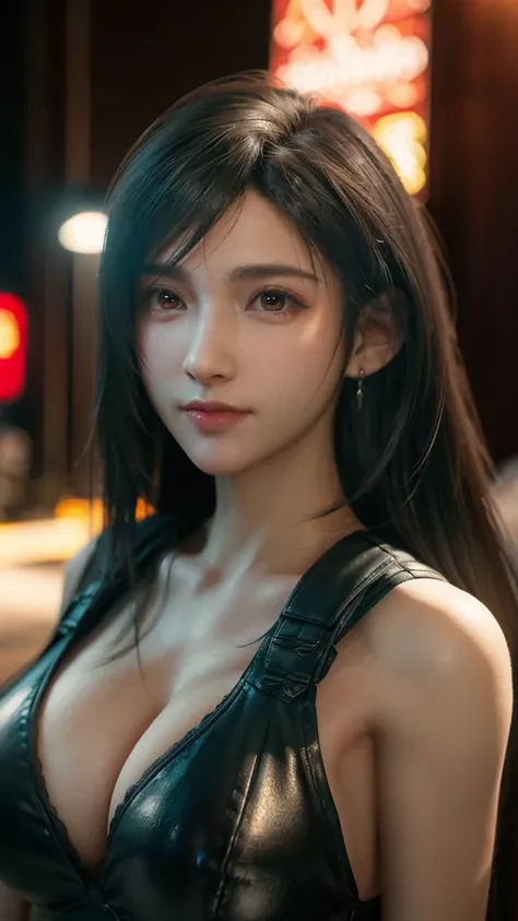 (((FF7Tifa, 1girl, black hair, long hair, red eyes))),  Smiled in camera , Masterpiece, best quality, ultra highres, detailed illustration ,cinematic, masterpiece,1girl, ((( large breasts))), beautiful detailed eyes, beautiful detailed lips, extremely deta...