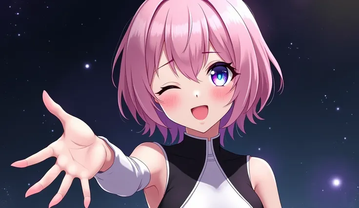 Anime art style, classy appareance, female character, light pink short hair, glowing eyes, turquoise right eye, purple left eye, pale skin, white and black sleevless dress with long neck, happy confident expression, very erotic pose, extending her hand to ...